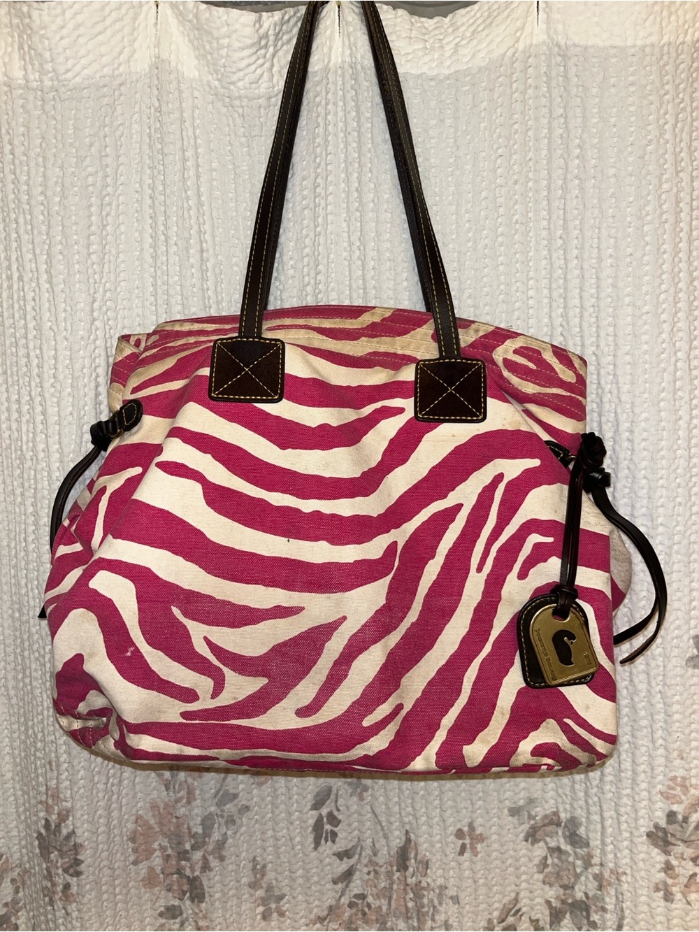 Dooney & Burke Canvas Pink and Cream Zebra-Print Tote Bag